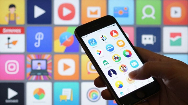 Tela de celular com vários aplicativos abertos.