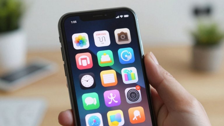 Tela de celular com ícones de aplicativos coloridos e modernos.