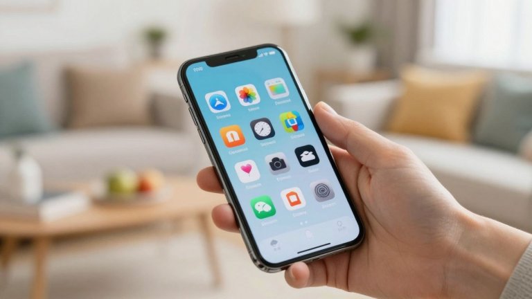 Smartphone mit App-Symbolen in einem aufgeräumten Zuhause.