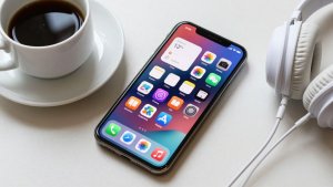 Celular com ícones de aplicativos populares em uma mesa moderna.