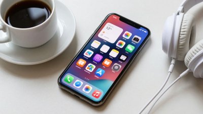 Celular com ícones de aplicativos populares em uma mesa moderna.