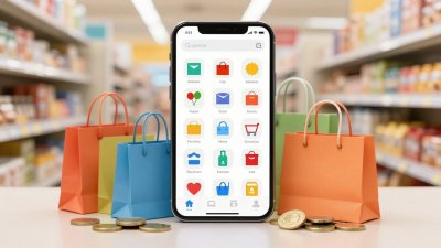Tela de celular com ícones de aplicativos de compras e sacolas.