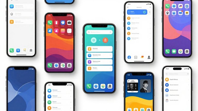 Celulares Android com ícones de aplicativos coloridos.