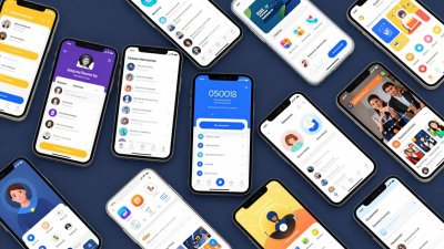 Ícones de aplicativos populares em telas de smartphones.