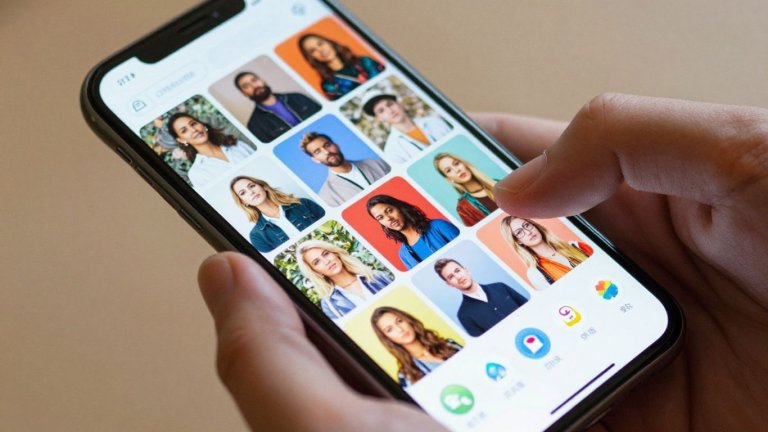 Mão segurando celular com ícones de aplicativos coloridos.