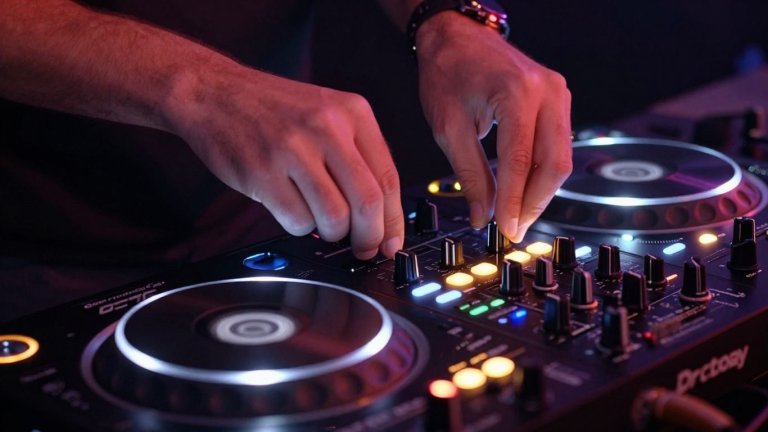 DJ mixando músicas em um equipamento profissional.