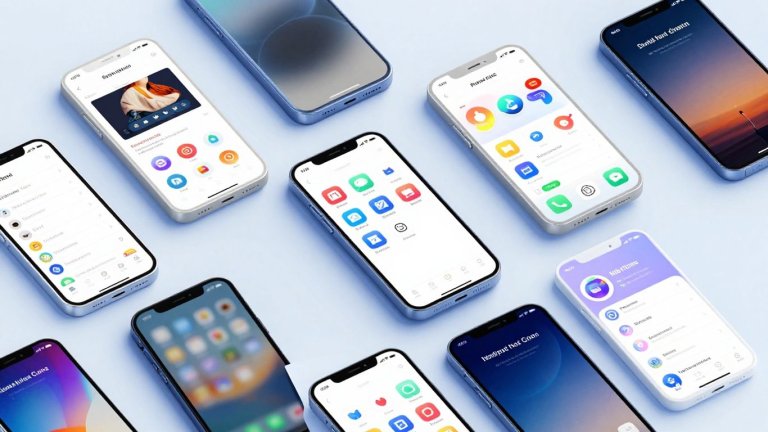 Telas de aplicativos novos e chamativos em smartphones.