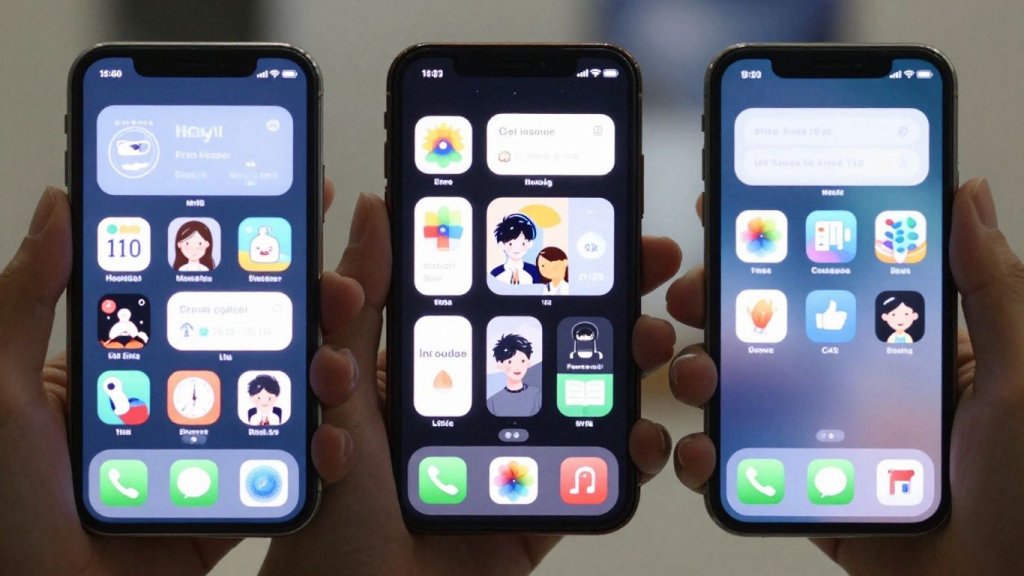 Três telas de aplicativos coloridas em smartphones.