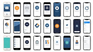 Ícones de aplicativos diversos em um fundo moderno.