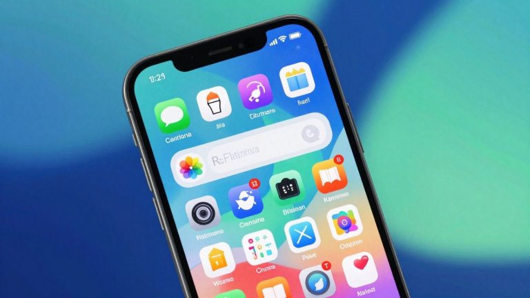 Celular com ícones de aplicativos coloridos e modernos.