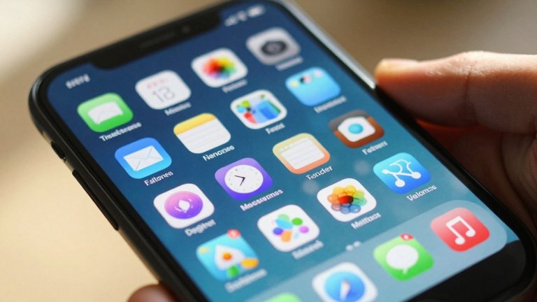 Mobiliojo telefono ekranas su populiarių programėlių piktogramomis.