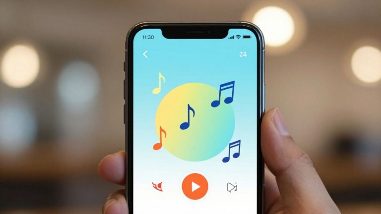 Celular com notas musicais e interface de música.
