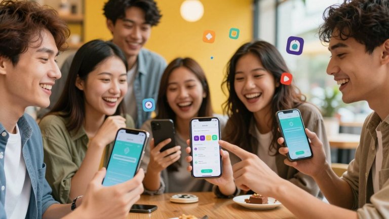 Amigos dividindo contas em aplicativos no celular sorrindo.