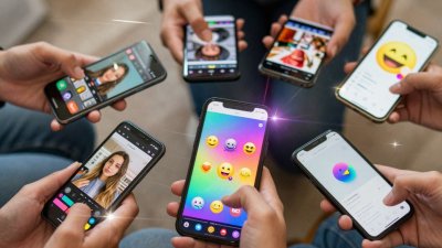 Celular editando vídeo engraçado com emojis e efeitos.