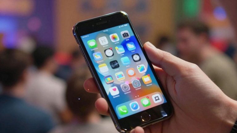 Celular com aplicativos de diversão na tela.