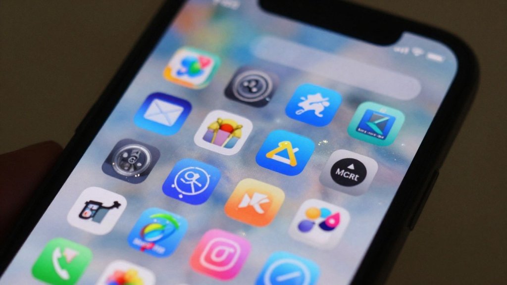 Tela de celular com ícones de aplicativos coloridos.