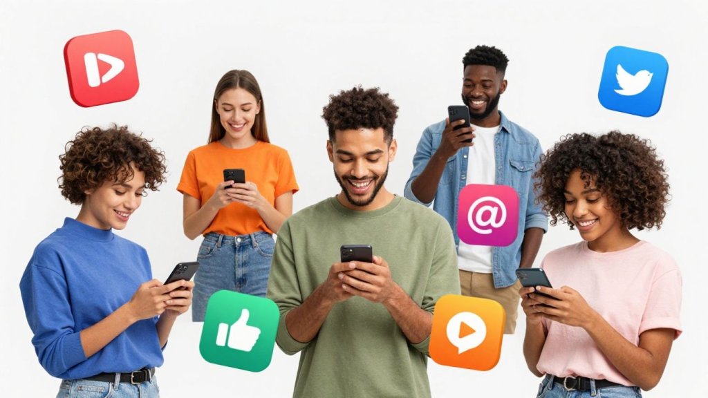 Pessoas usando aplicativos populares em seus celulares.