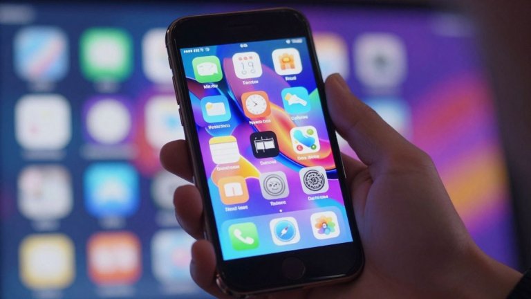 Una mano che impugna un telefono cellulare con icone di app colorate.