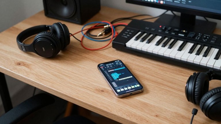 Celular com instrumentos musicais e fones sobre uma mesa.