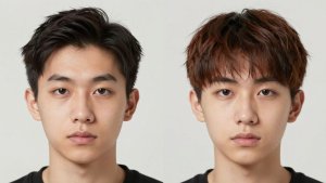 Pessoa simulando diferentes estilos de cabelo em aplicativos.