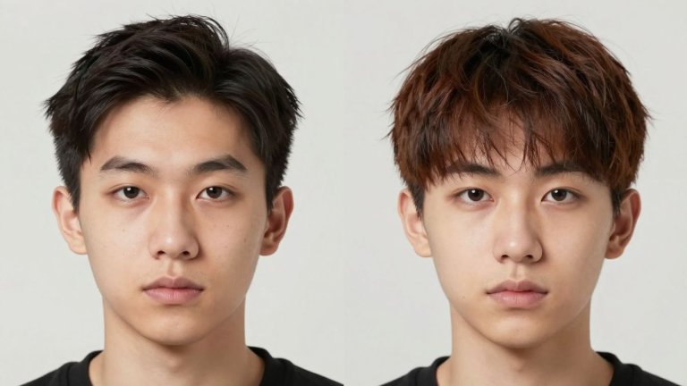 Pessoa simulando diferentes estilos de cabelo em aplicativos.