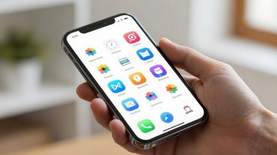 Smartphone com ícones de aplicativos coloridos na tela.