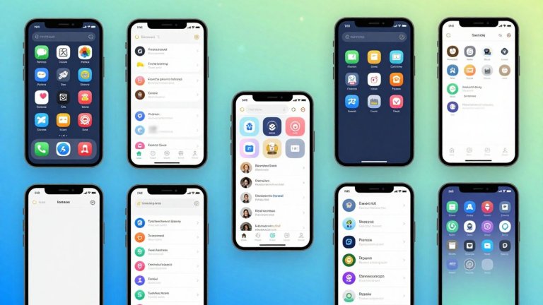 Una pantalla de teléfono móvil con iconos de aplicaciones coloridos y modernos.