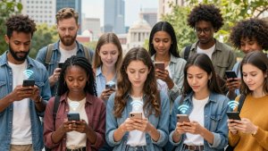 Pessoas usando smartphones para encontrar Wi-Fi gratuito.