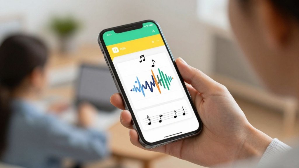 Pessoa cantando com aplicativo no celular.