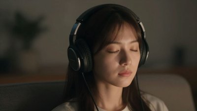 Una persona relajándose con auriculares escuchando música.