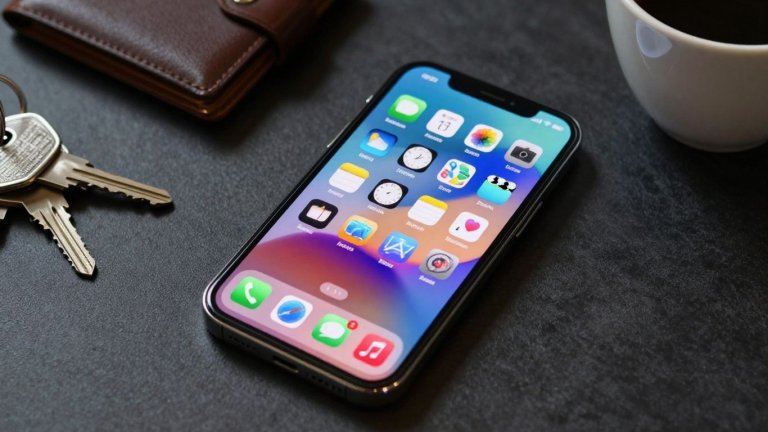 Smartphone com ícones de aplicativos coloridos e objetos do dia a dia.