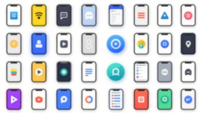 Ícones de aplicativos coloridos e únicos em um fundo moderno.