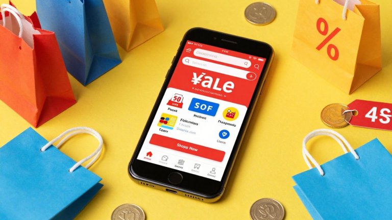 Celular com apps de desconto e sacolas coloridas de compras