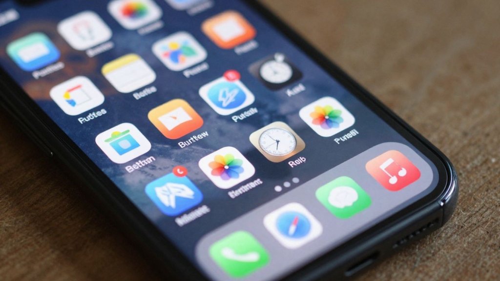 Tela de celular com ícones de aplicativos coloridos.